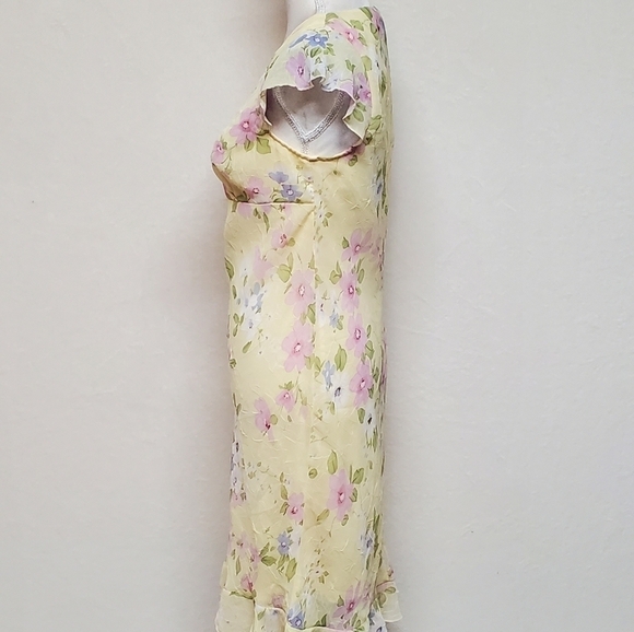Vintage City Triangles Yellow Pink Floral Ruffle Flutter Sleeve Chiffon Dress M - Picture 9 of 14